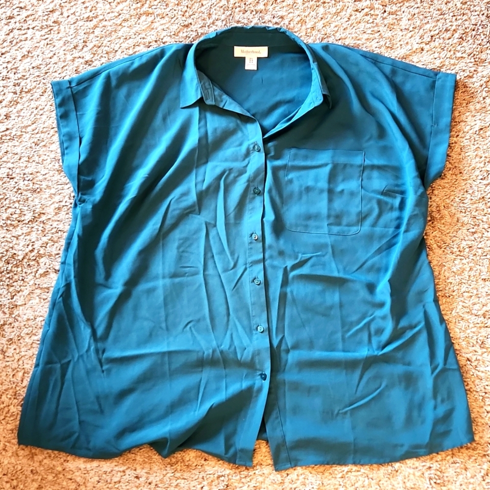 Motherhood Maternity Peacock blouse shirt teal pregnancy collared LARGE
